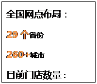 文本框: 全国网点布局：29个省份260+城市目前门店数量：1000+